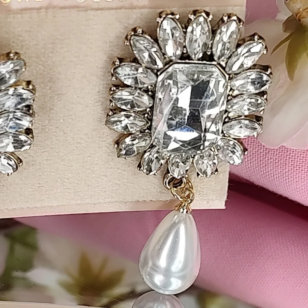 KENNETH JAY LANE Crystal Pearl Drop Earrings Cocktail Bridal Prom Pageant - Picture 5 of 11